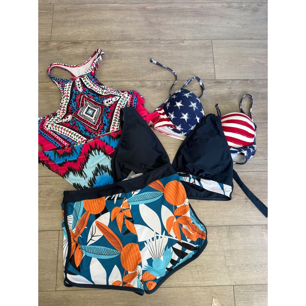 Womens Swimsuit Lot 3 Sets Americana Tribal Tropical Floral Bikini Shorts Large